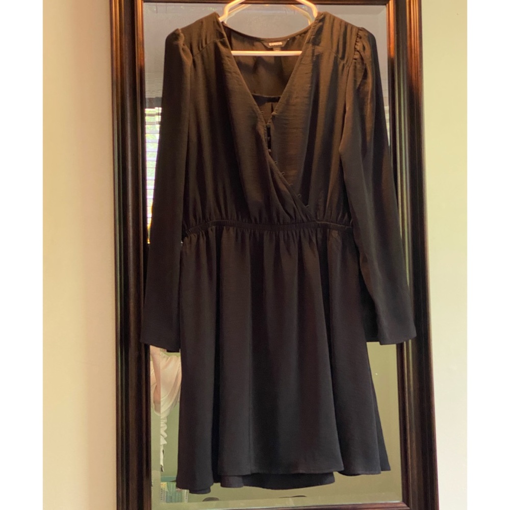 Express: Black Satin Button Wrap & Flare Dress